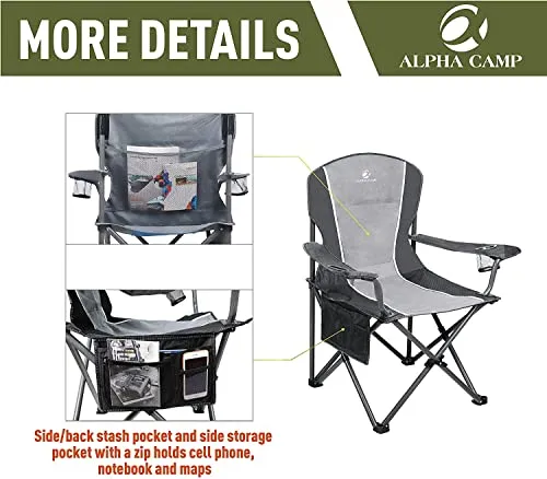 ALPHA CAMP Oversized Camping Folding Chair Heavy Duty Steel Frame Support 350 LBS Collapsible Arm Chair with Cup Holder Quad Lumbar Back Chair Portable for Outdoor/Indoor