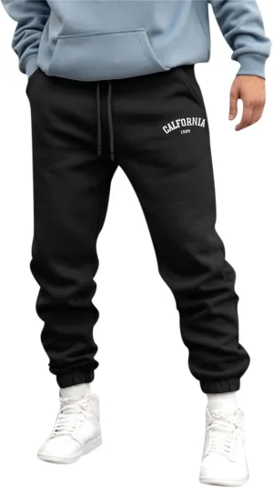 Mens Fleece Pants Printed Slim Fit Elastic Waist High Waisted Sweatpants Casual Training Velvet Sports Trousers