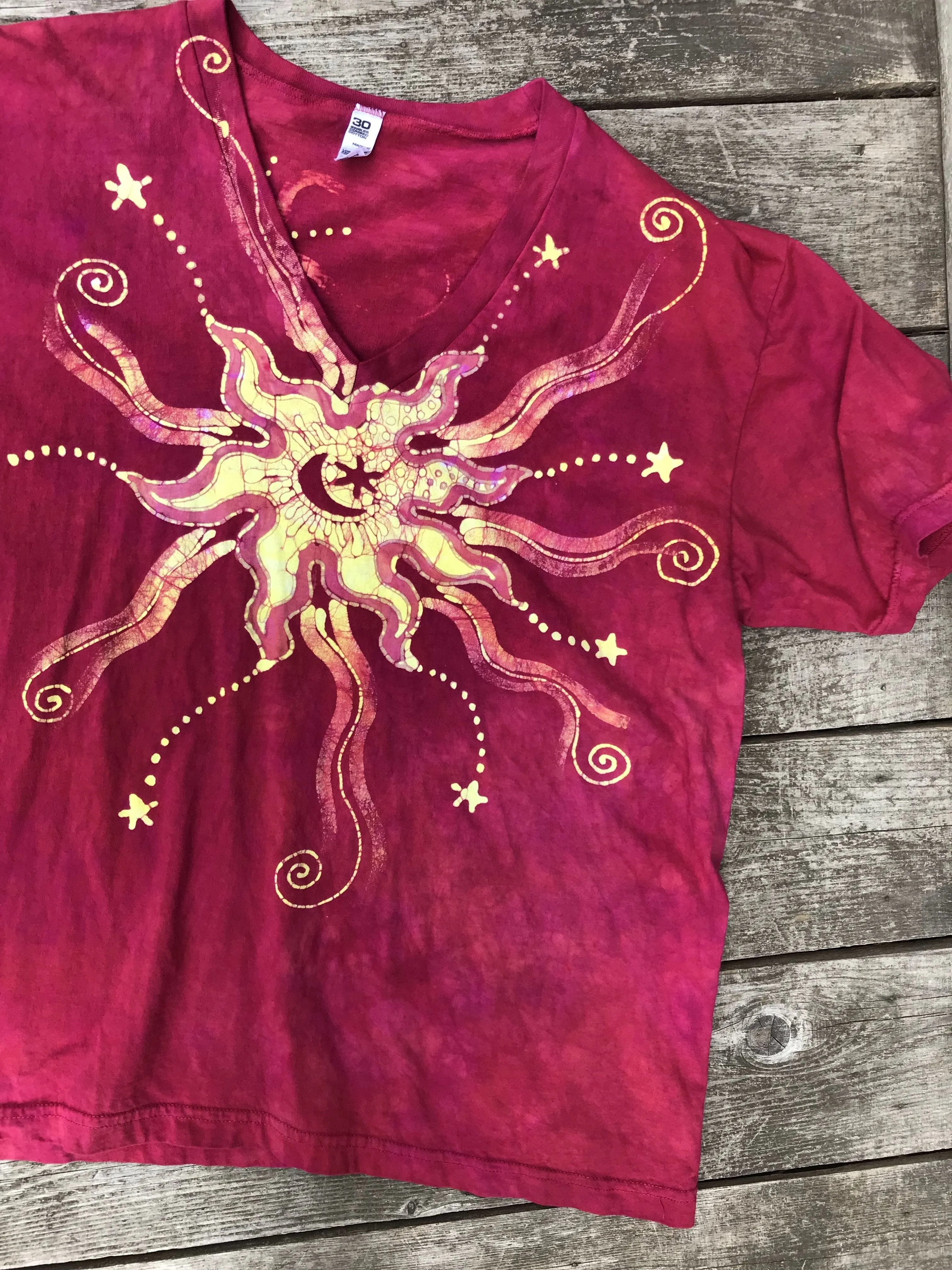 Moonbeams in Campfire Red - Hand Crafted Batik Vneck Tee