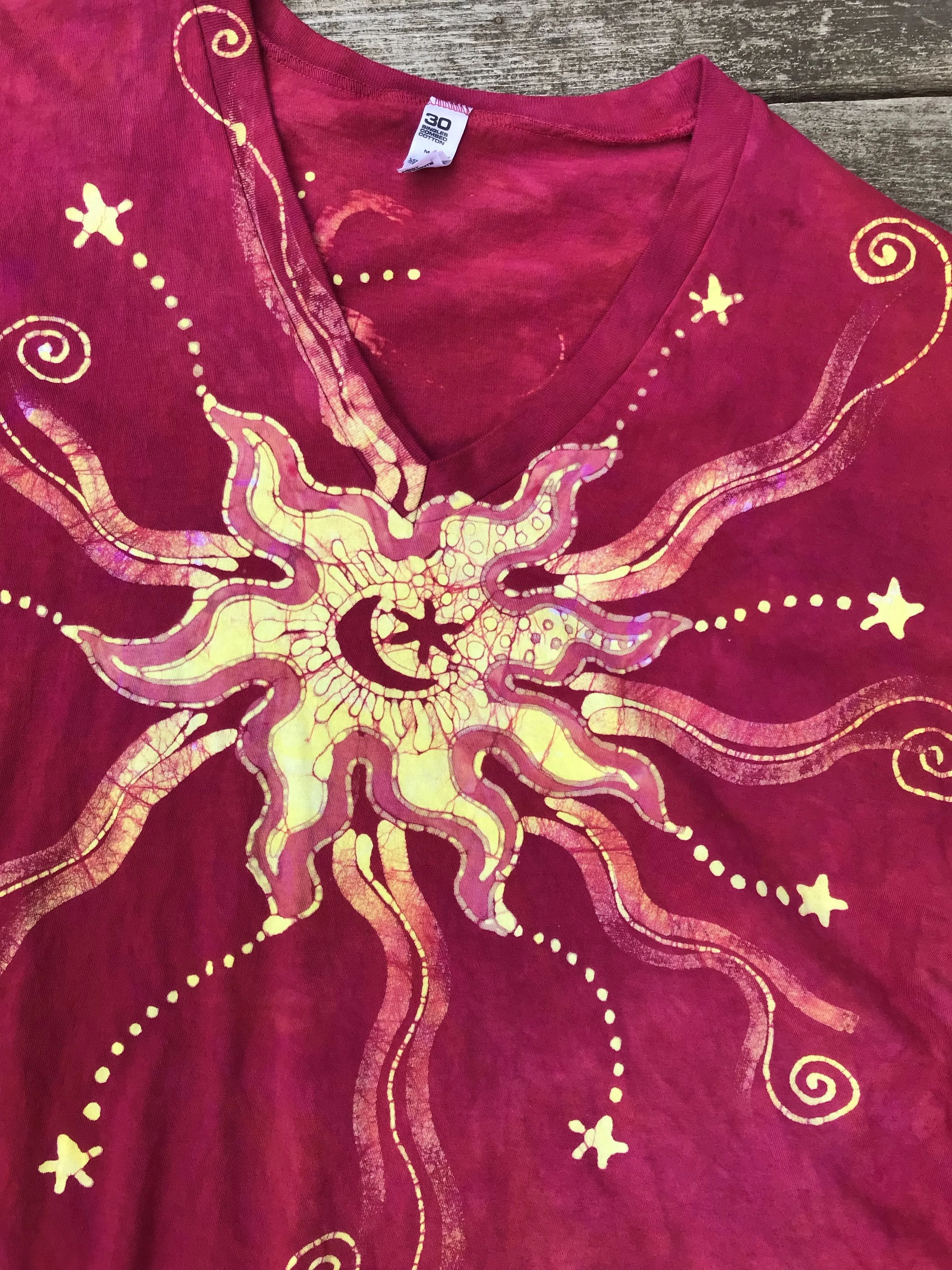 Moonbeams in Campfire Red - Hand Crafted Batik Vneck Tee
