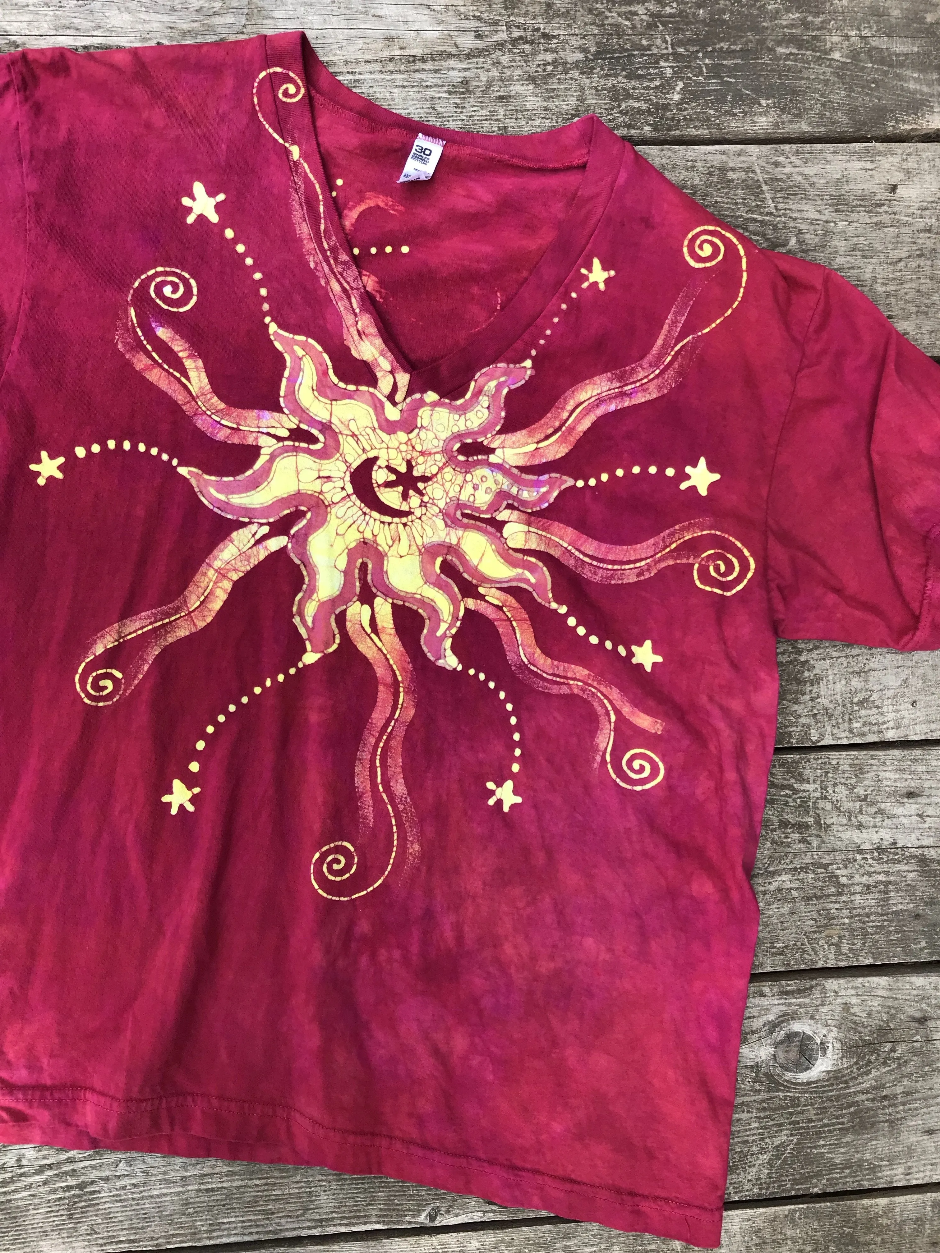 Moonbeams in Campfire Red - Hand Crafted Batik Vneck Tee
