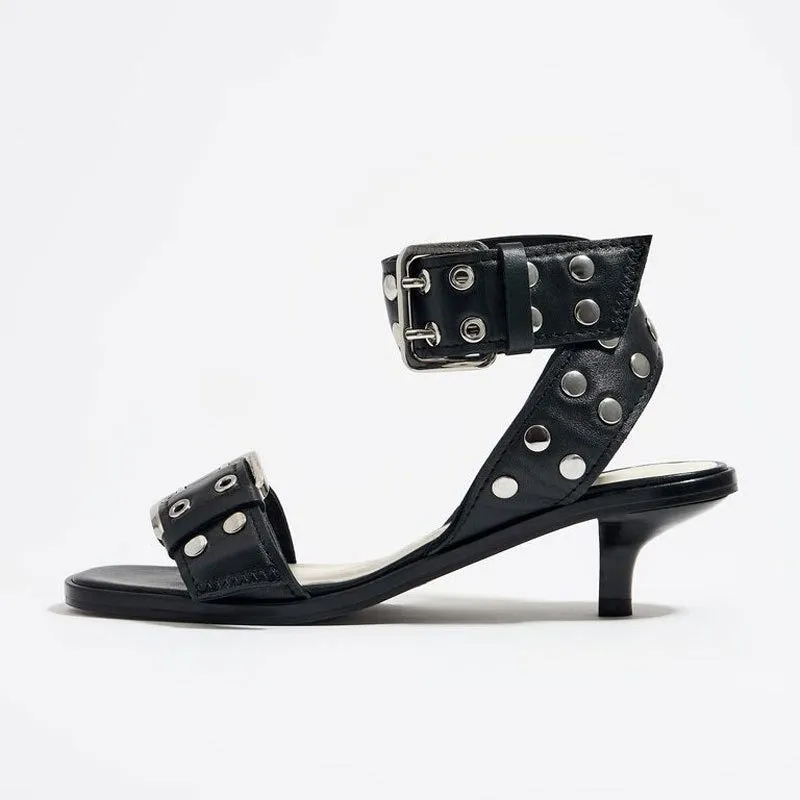 Pre Order:  Wide Rivet Strap Mid-Heel Sandals