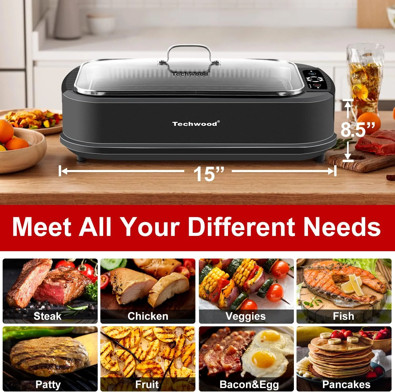 Techwood Indoor Smokeless Grill 1500W Electric Grill with Tempered Glass Lid, Compact & Portable Non-Stick BBQ Grill with Turbo Smoke Extractor Technology, LED Smart Control Panel, Black