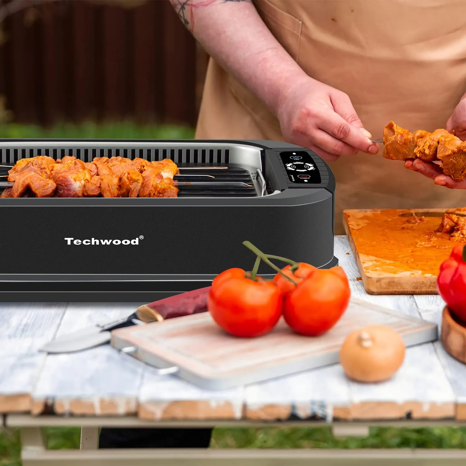 Techwood Indoor Smokeless Grill 1500W Electric Grill with Tempered Glass Lid, Compact & Portable Non-Stick BBQ Grill with Turbo Smoke Extractor Technology, LED Smart Control Panel, Black