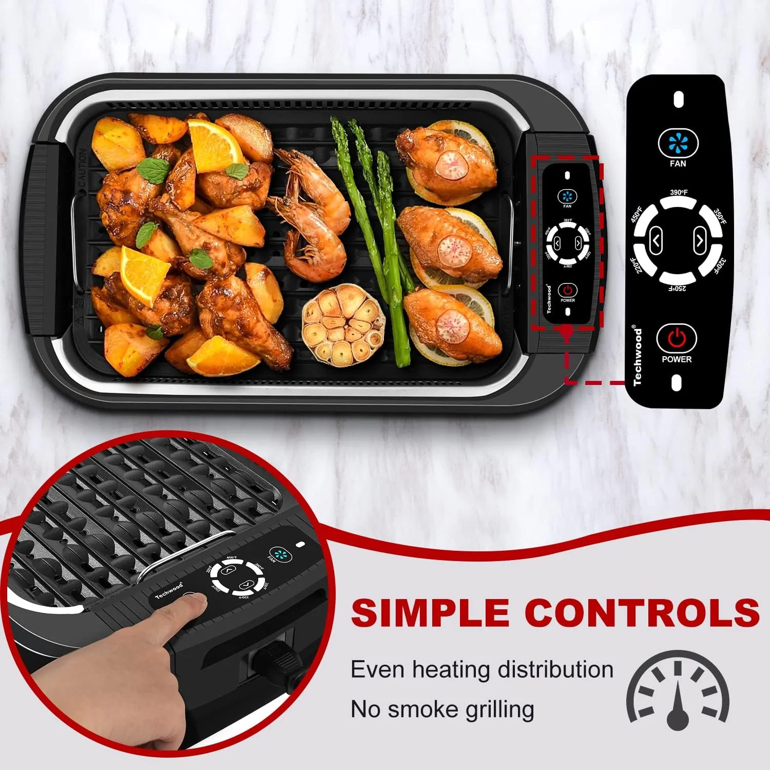 Techwood Indoor Smokeless Grill 1500W Electric Grill with Tempered Glass Lid, Compact & Portable Non-Stick BBQ Grill with Turbo Smoke Extractor Technology, LED Smart Control Panel, Black
