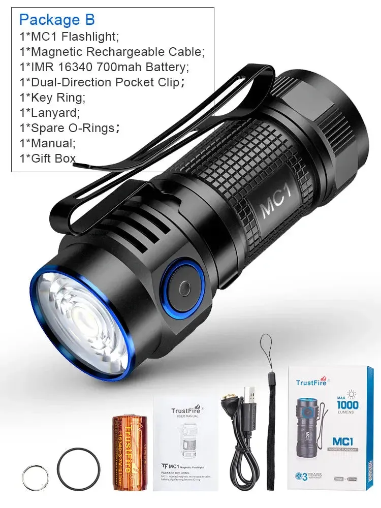 Trustfire MC1 Usb Rechargeable Flashlight 1000Lumen EDC LED Lamp Magnetic 2A Fast Charging Work Torch Light With Magnet Lantern